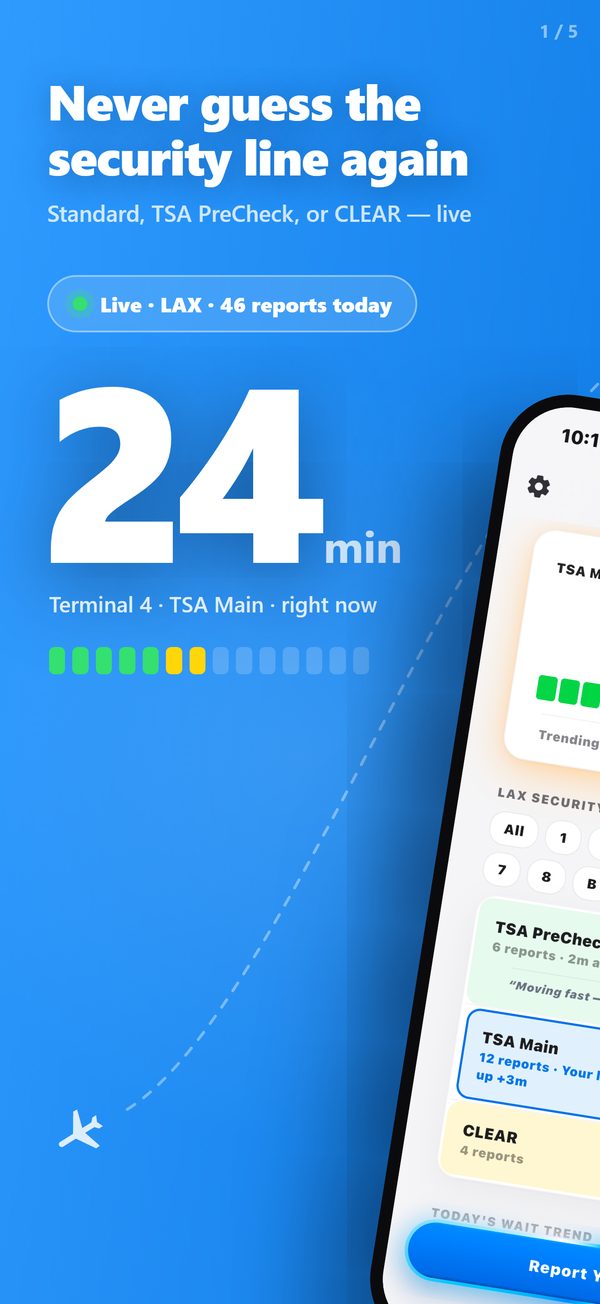 Home screen showing a 24 minute wait at LAX Terminal 4